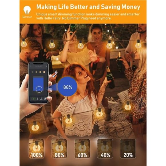 Outdoor String Lights w/ Dimmer - 50Ft Led Patio Light 3 Modes Waterproof Light - Picture 2 of 6